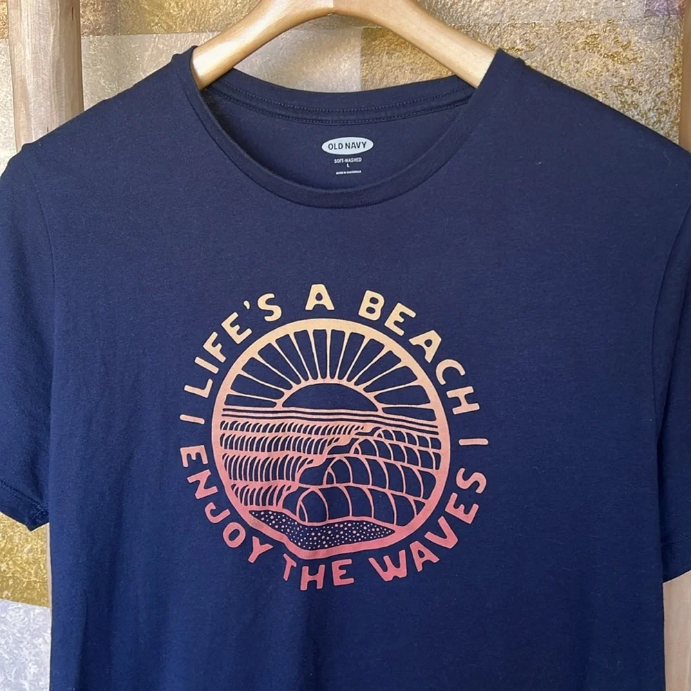 Old Navy Boys Beach Navy Blue Scoop Neck Graphic T-Shirt, Size Large